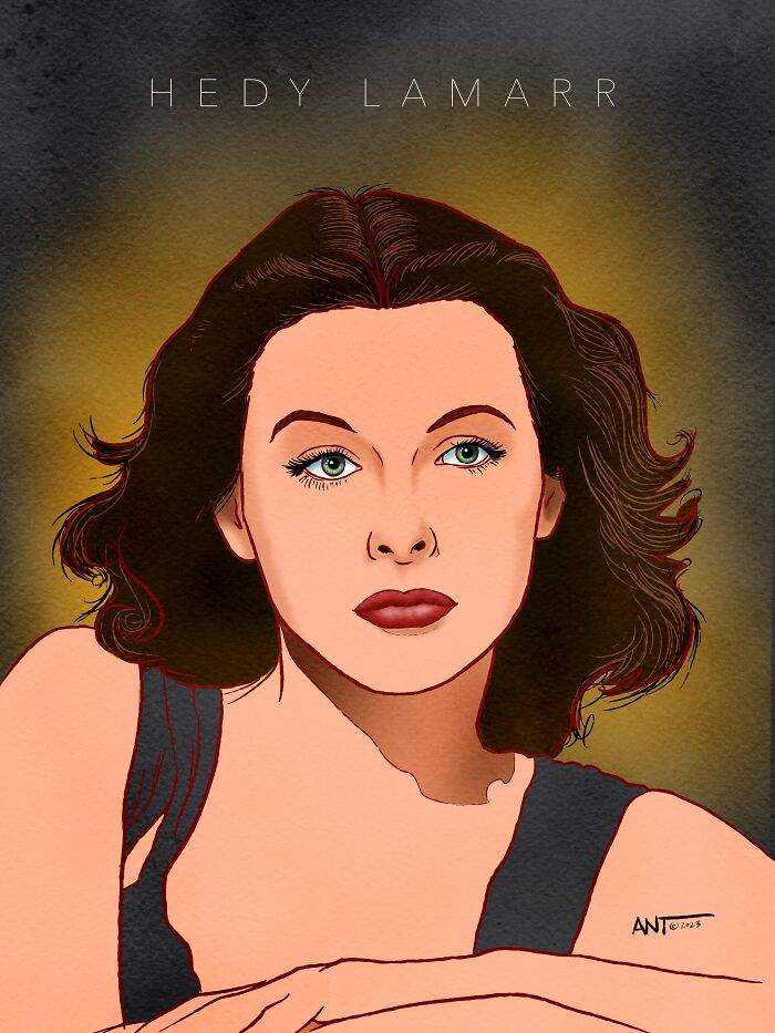 Illustration of Hollywood’s timeless symbols of attraction featuring Hedy Lamarr with detailed facial features and soft shading.