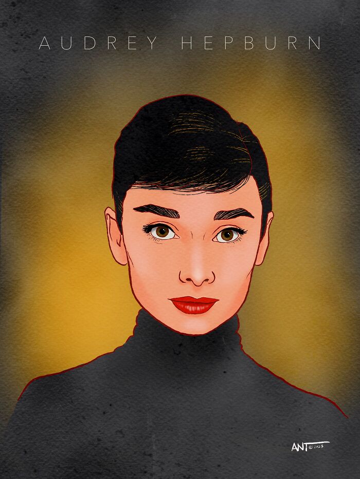 Stylized drawing of Audrey Hepburn, one of Hollywood's timeless symbols of attraction, with a warm glowing background.
