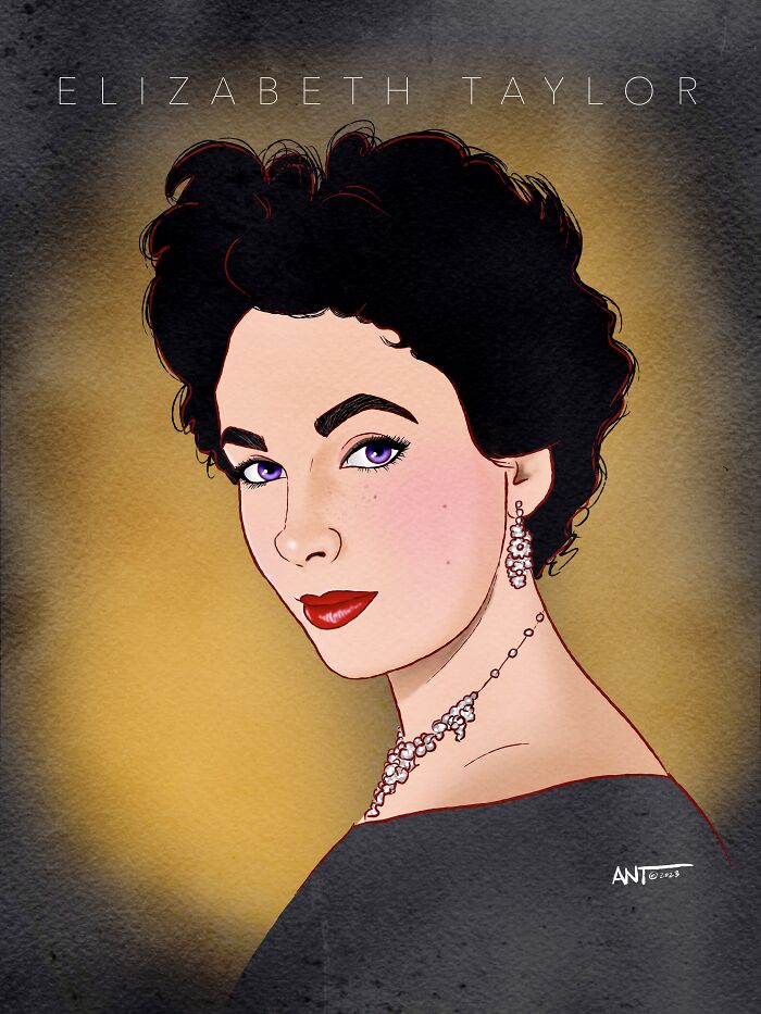Digital drawing of Elizabeth Taylor as a timeless Hollywood symbol of attraction with elegant jewelry and makeup.