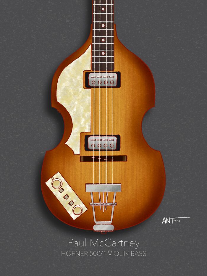 Illustration of a Höfner 500/1 violin bass guitar with Paul McCartney's name.