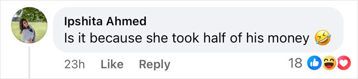 Facebook comment questioning if Melinda took Bill Gates' money, with laughing emoji reactions. Facebook comment questioning if Melinda took Bill Gates' money, with laughing emoji reactions.