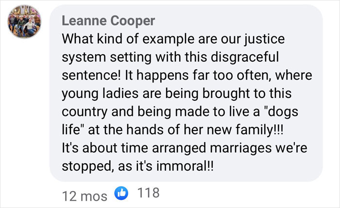 Facebook comment critiquing justice system and arranged marriage practices. Facebook comment critiquing justice system and arranged marriage practices.