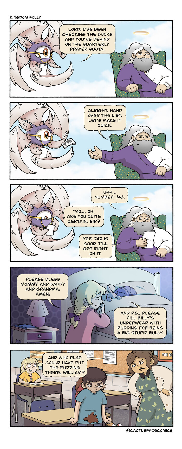 Humorous comic featuring God facing absurd situations in a prayer quota storyline.