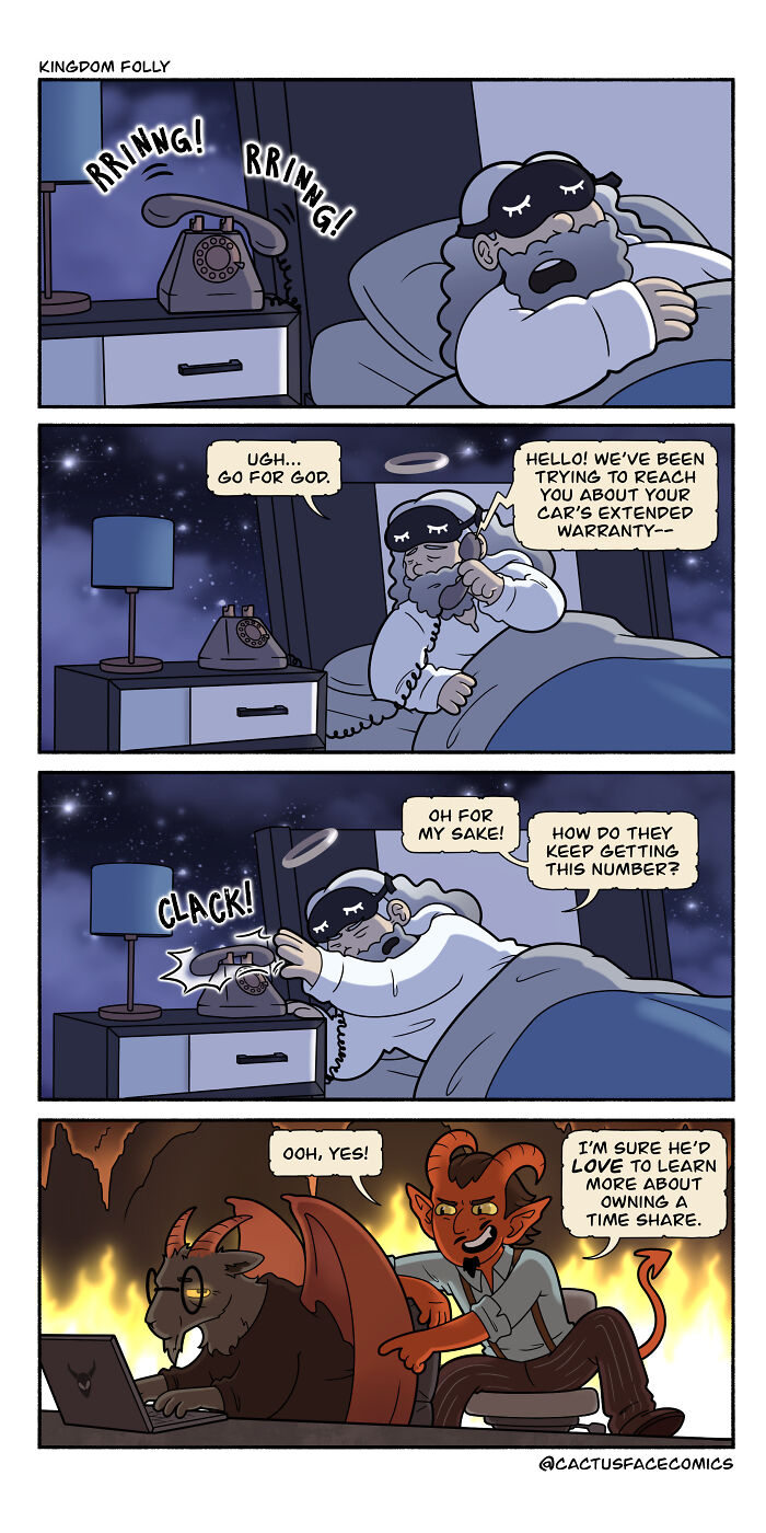 Comic series shows a humorous God being disturbed by a phone call about a car warranty.