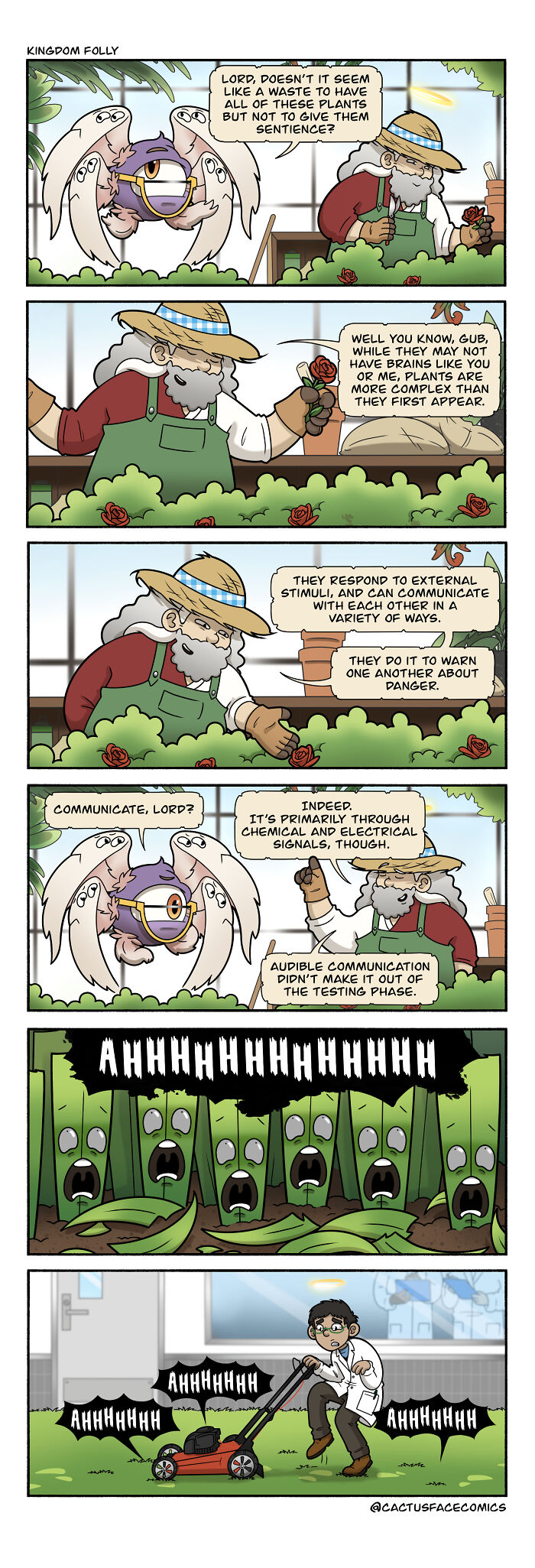 Humorous comic series featuring God explaining sentient plants' communication to an angel, leading to chaos with a lawnmower.