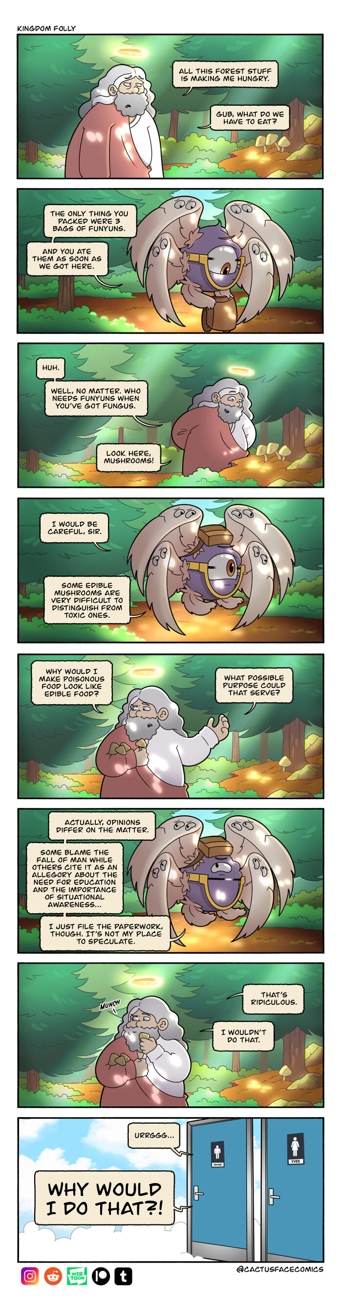 Humorous comic series depicting God in absurd situations, talking to an angel-like creature in a forest setting.