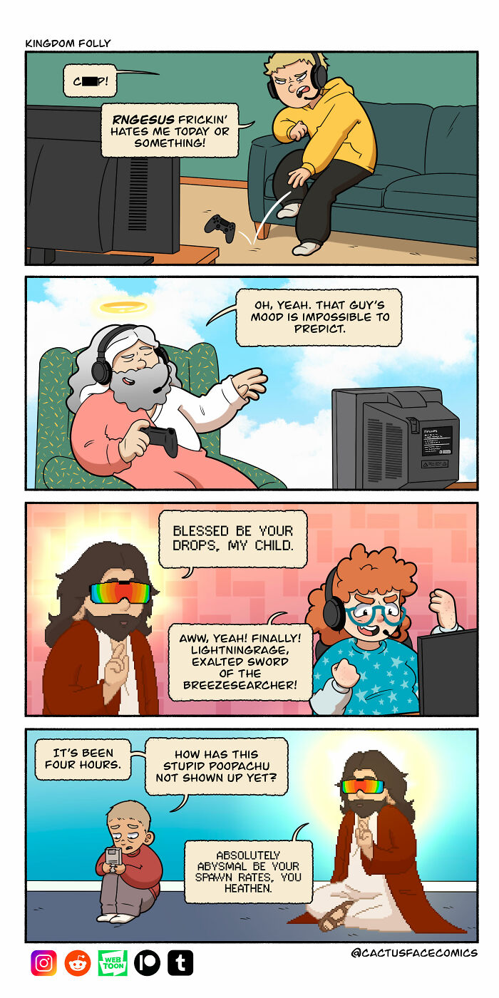 Humorous comic series featuring a comical version of God in absurd gaming situations, wearing headphones.