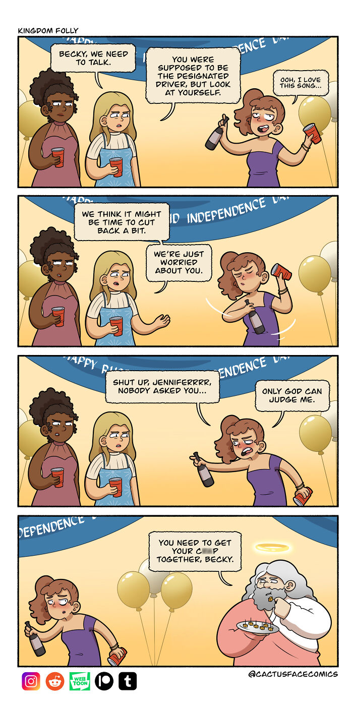 Humorous comic series scene with God facing absurd situation at a party, advising Becky to get it together.