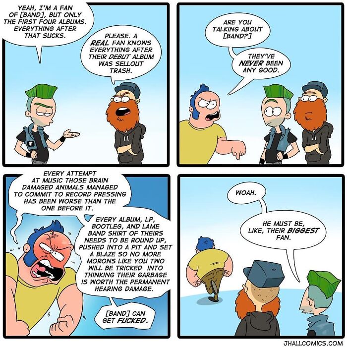 Comic strip showing characters humorously debating the quality of a band's albums, highlighting pop culture's ridiculousness.