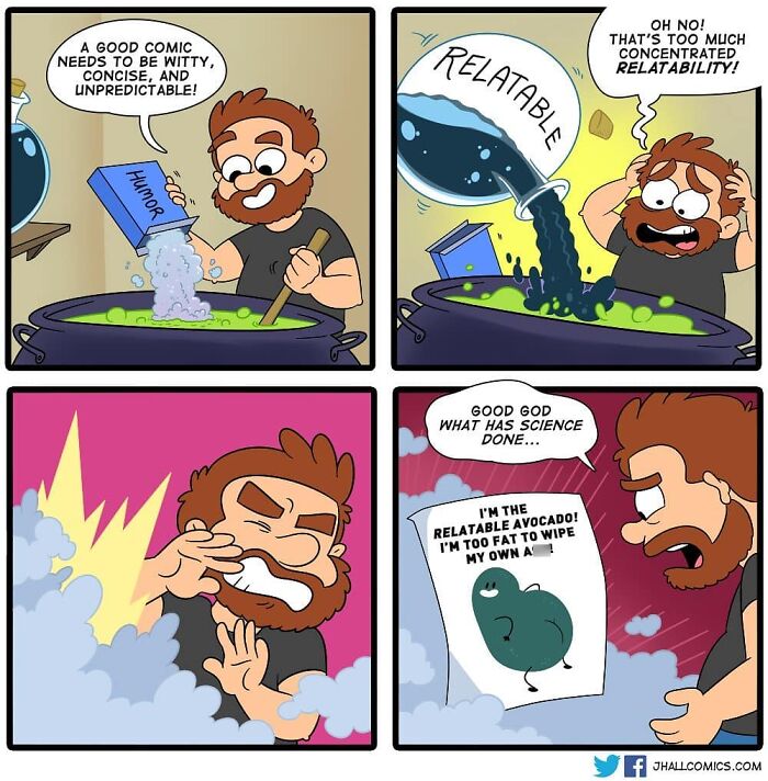 Man creating a comic potion looks surprised as he accidentally adds too much relatability, resulting in chaos.