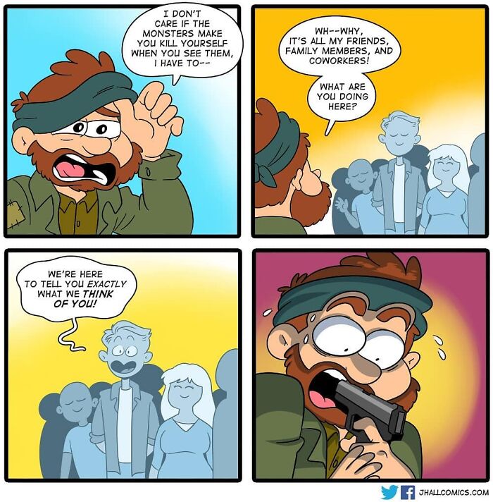 Cartoon character shocked by crowd of family, friends, and coworkers, highlighting life's and pop culture's ridiculousness.