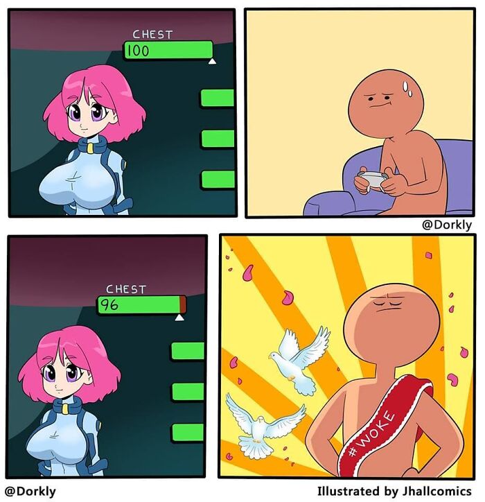 Comic strip humorously depicting life and pop culture with a character leveling up and becoming enlightened.