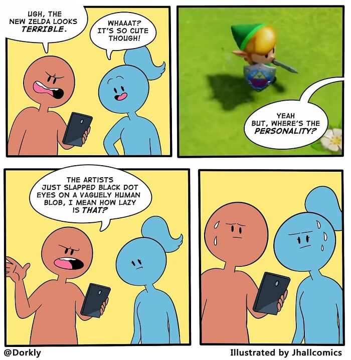 Two characters discuss the new Zelda game, commenting on its simplistic design in a funny pop culture comic.
