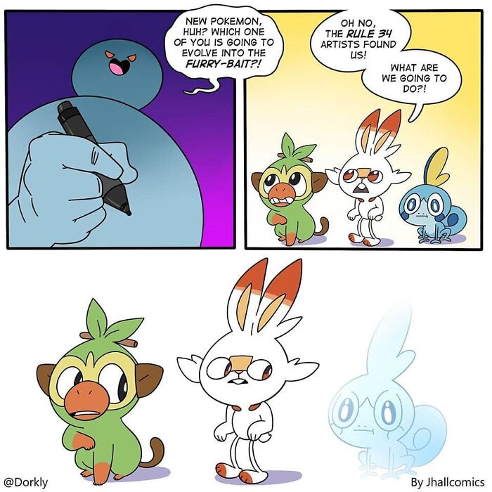 Comic showing new Pokémon characters reacting to humorous evolution scenarios with pop culture references.