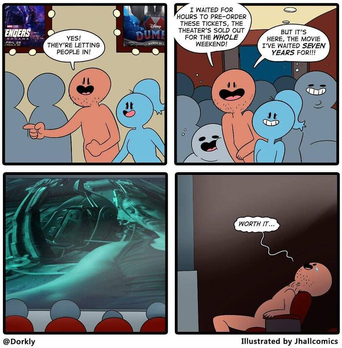 Comical illustration shows excited fans lining up for a long-awaited movie premiere.