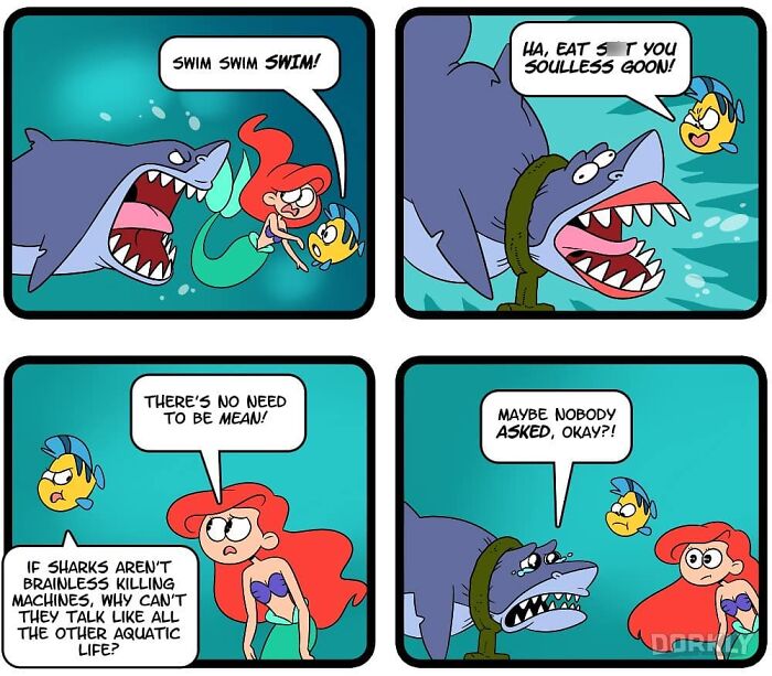 Mermaid and fish argue with a shark in a humorous comic about life and pop culture.