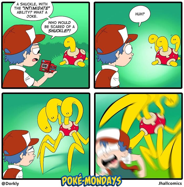 Comic strip highlighting a humorous scene with a Shuckle scaring a trainer, illustrating life and pop culture's ridiculousness.