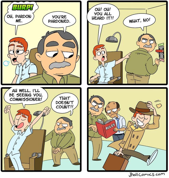 Comic strip showing a humorous interaction with a burp, highlighting the ridiculousness of life and pop culture.