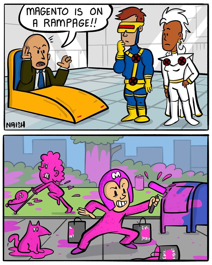 Comic about life and friendships: Hero alerts team, then paints city pink with joy, impacting daily life humorously.