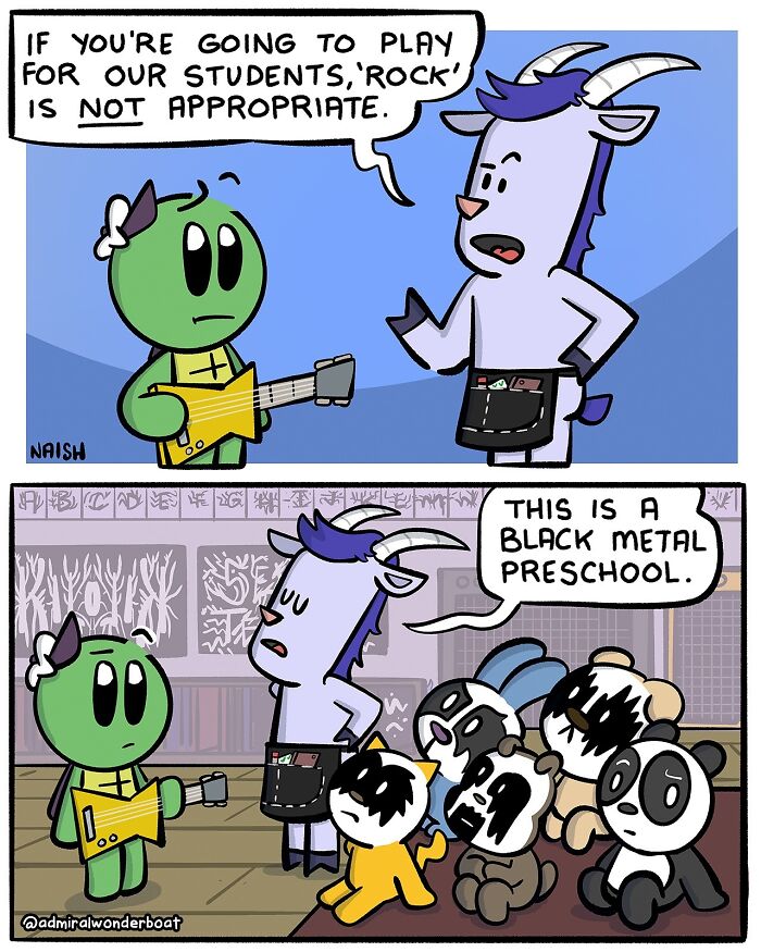 Funny comic about life and mental health featuring characters discussing appropriate music at a black metal preschool.