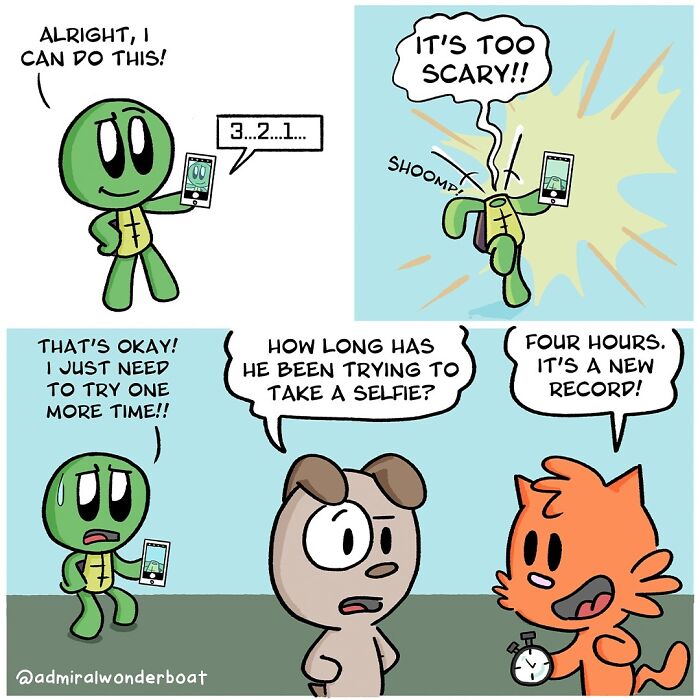 Comic about life and friendships: a character struggles to take a selfie while friends comment on the lengthy attempt.