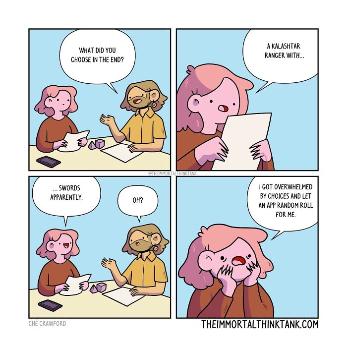 Comic strip showing a conversation blending parenting and fantasy gaming with character choices and role-playing dice.