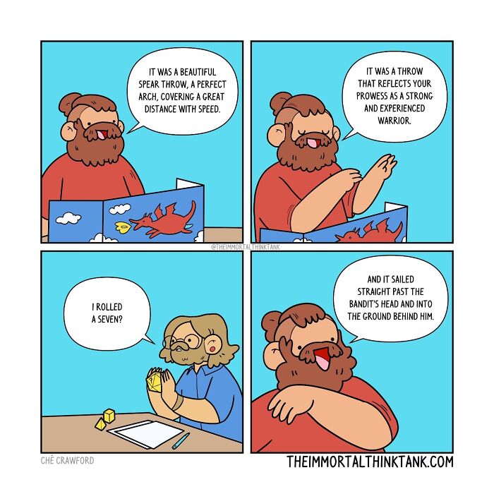 Cartoon of two people playing fantasy gaming with dice and storytelling, blending parenting and fantasy gaming themes.