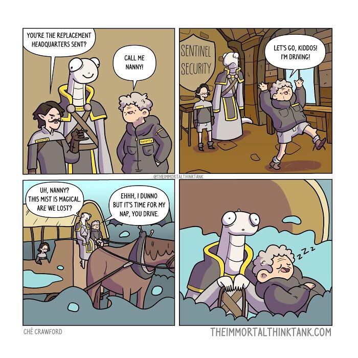 Comic panels showing fantasy gaming characters interacting with a nanny figure, blending parenting and fantasy gaming themes.