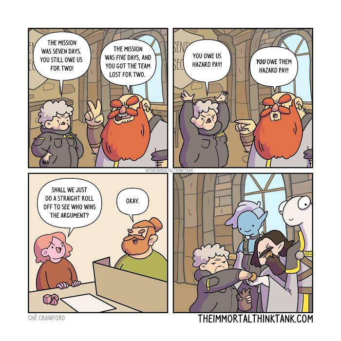 Comic strip showing fantasy gaming characters debating mission outcomes, blending parenting and fantasy gaming themes.