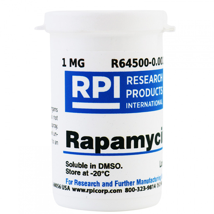 Container of Rapamycin, a longevity medication, from Research Products International. Container of Rapamycin, a longevity medication, from Research Products International.