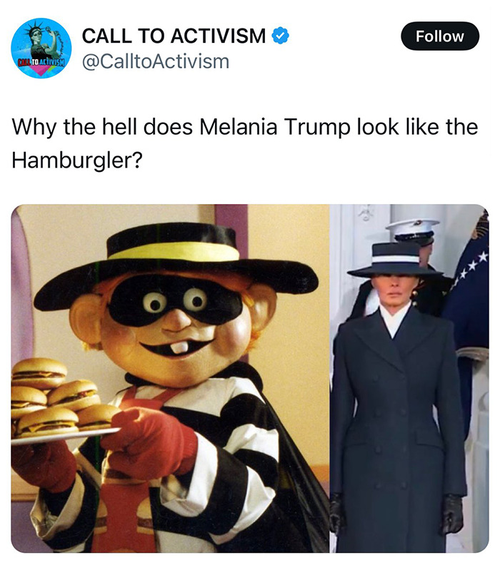 Melania Trump's inauguration outfit humorously compared to the Hamburglar. Melania Trump's inauguration outfit humorously compared to the Hamburglar.