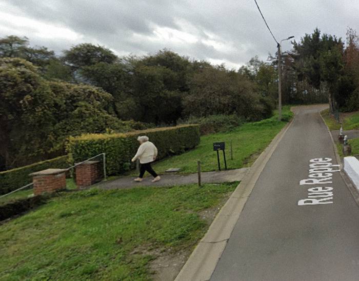 Paulette Landrieux walks on a rural path captured by Google Maps, lush greenery surrounds the pathway under a cloudy sky. Paulette Landrieux walks on a rural path captured by Google Maps, lush greenery surrounds the pathway under a cloudy sky.