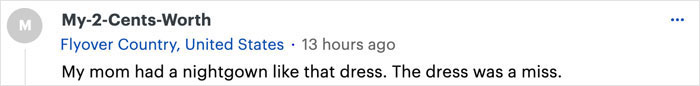 Comment criticizing an Australian bride's dress, comparing it to a nightgown and saying it was a miss. Comment criticizing an Australian bride's dress, comparing it to a nightgown and saying it was a miss.