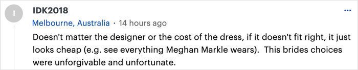 Online fashion critique of Australian bride's dress, deemed cheap and unfitting, sparking controversy. Online fashion critique of Australian bride's dress, deemed cheap and unfitting, sparking controversy.