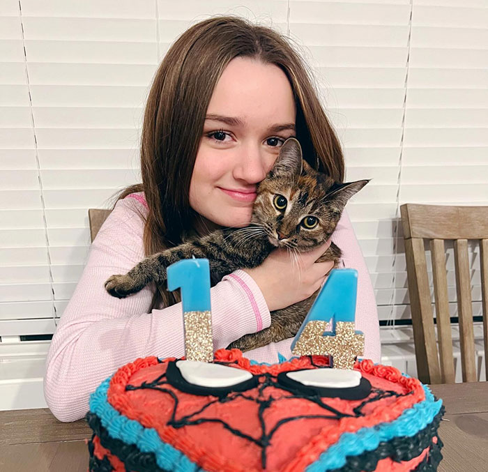 Young girl celebrating her 14th birthday with a cat, featuring a colorful cake in the foreground. Young girl celebrating her 14th birthday with a cat, featuring a colorful cake in the foreground.