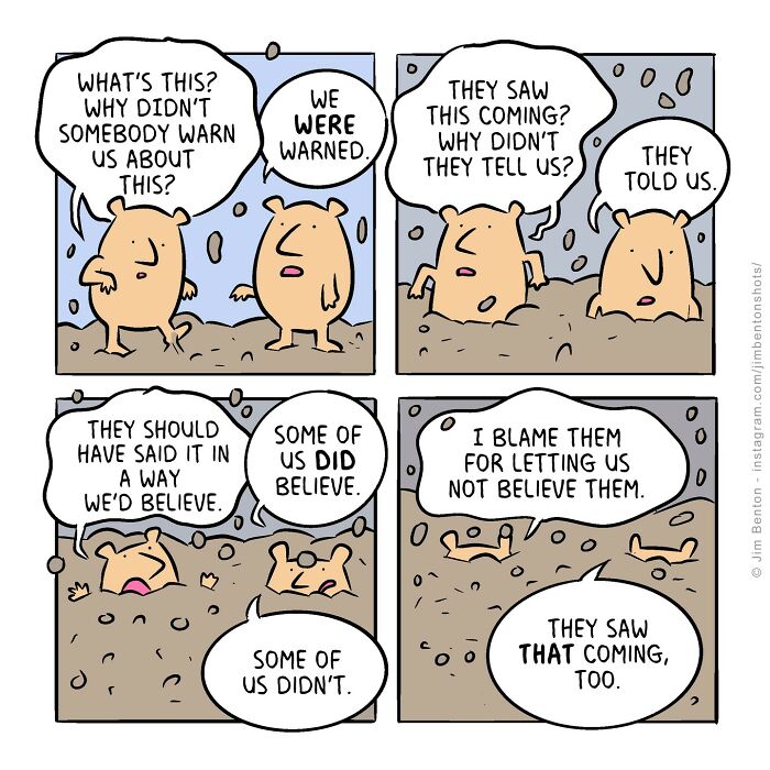 Hilarious comic by veteran artist depicting two characters discussing warnings, with humor and absurdity.