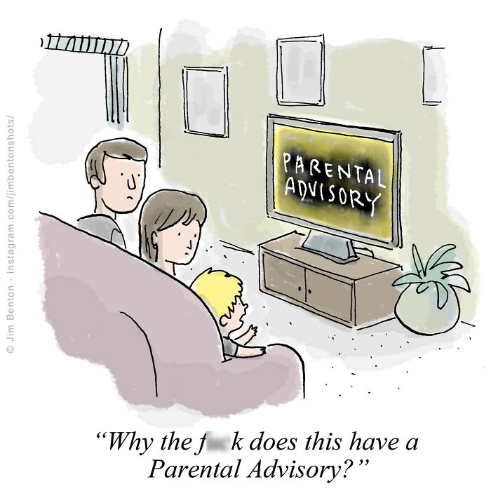 Family watching TV with a "Parental Advisory" warning, reflecting a humorous comic by a veteran artist.