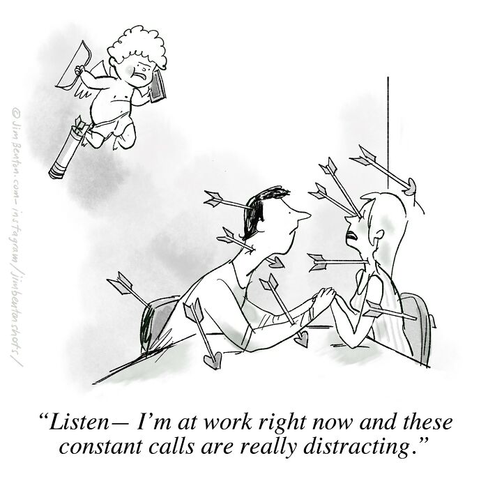 Comic of a couple with arrows in them, distracted by Cupid during a conversation, highlighting absurd humor.