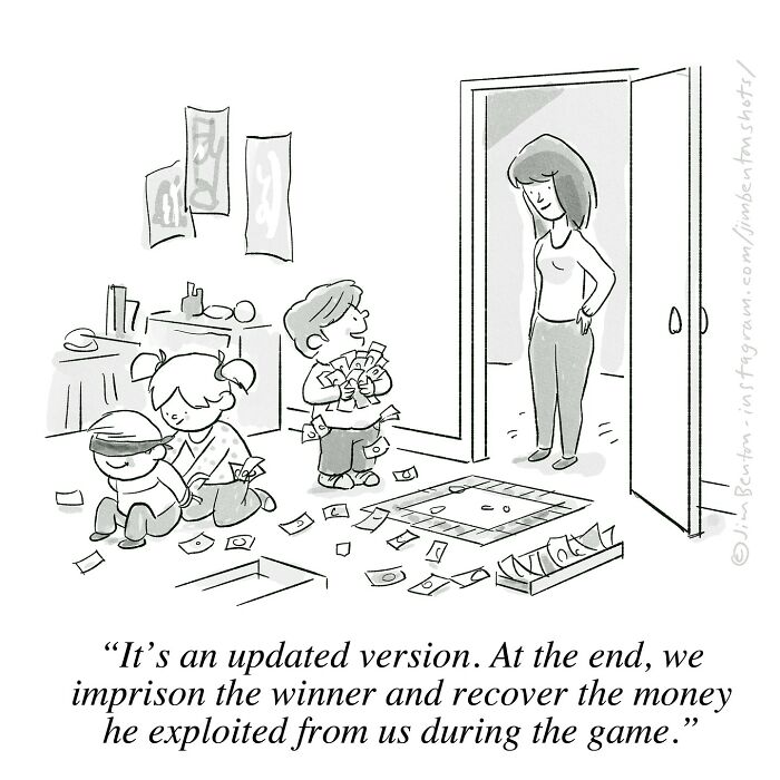 Veteran artist comic shows kids playing a board game with humorous twist on game rules.