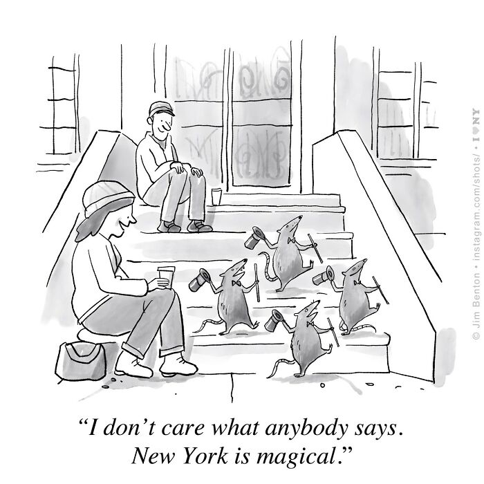 Comic of rats with coffee dancing on New York stoop, humorous and absurd scene.