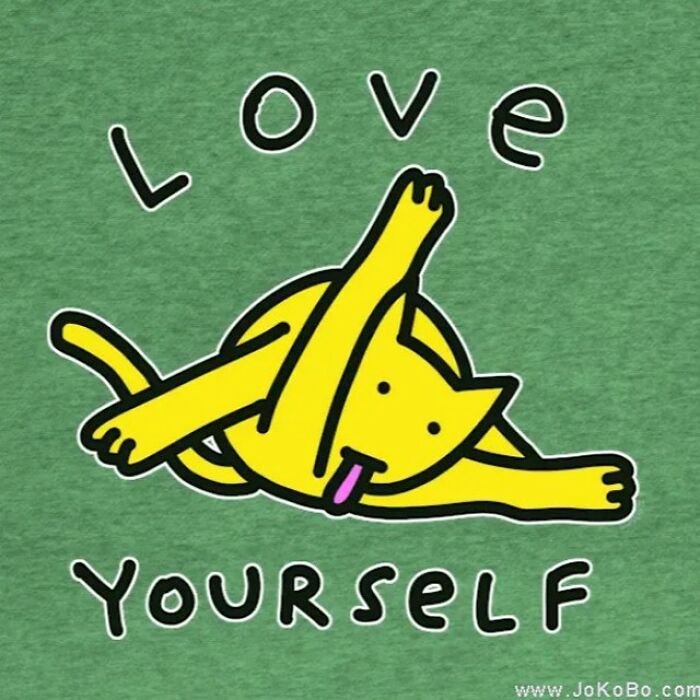 Cartoon cat in a humorous yoga pose with text "Love Yourself," by veteran artist.