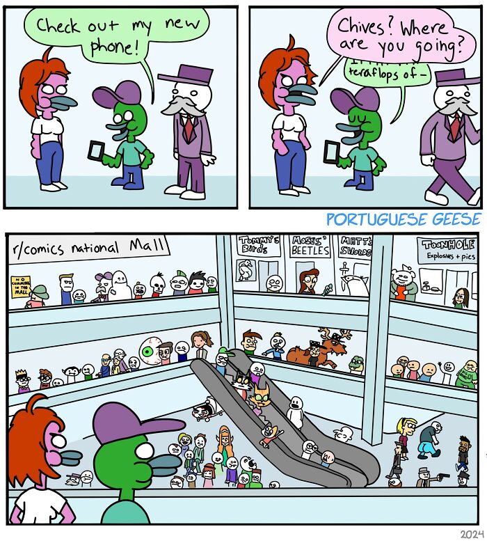 Comic strip with funny characters and a humorous, twisted ending in a busy mall setting.