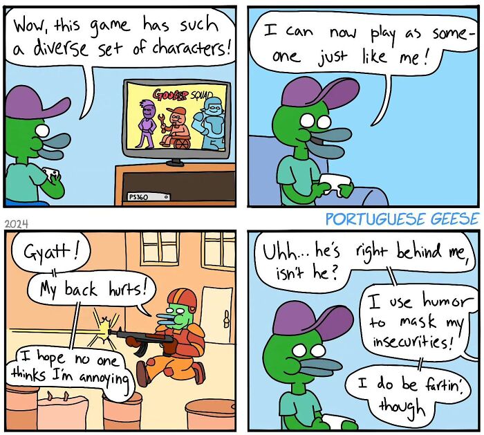 Comic strip with funny twists, featuring diverse characters and humorous dialogue about insecurities and gaming.