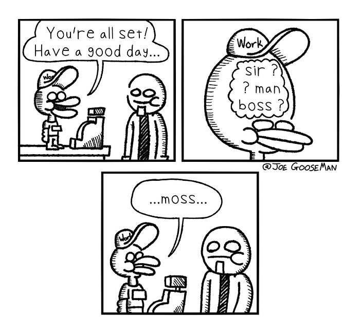 Comic depicting a humorous interaction at a counter, with a twist ending involving the word "moss."