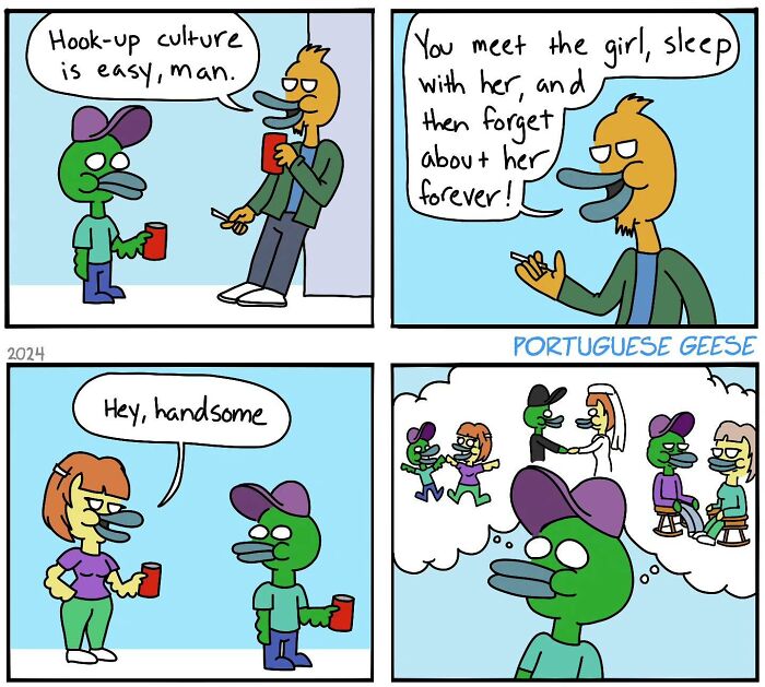 Comic with funny twist showing characters discussing hook-up culture and its unexpected outcomes.