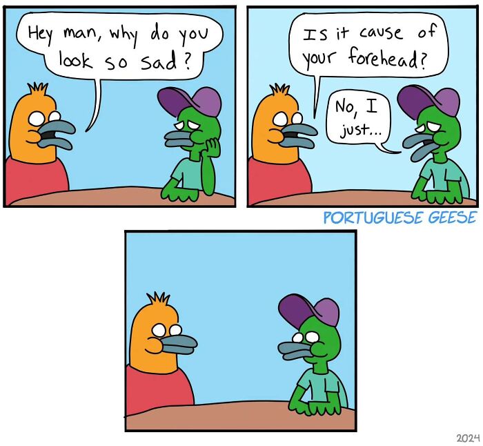 Comic of two birds at a table; one comments on the other's forehead, featuring a funny, twisted ending.