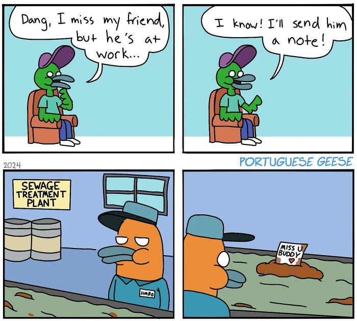 Comic with twisted ending: A character sends a note to a friend working at a sewage plant.