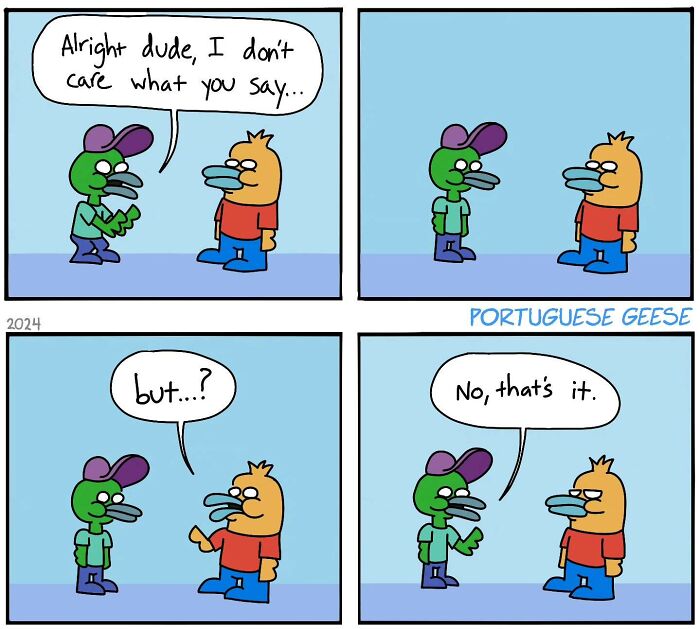 Comic strip by artist with a funny, twisted ending featuring two bird characters in conversation, one wearing a hat.