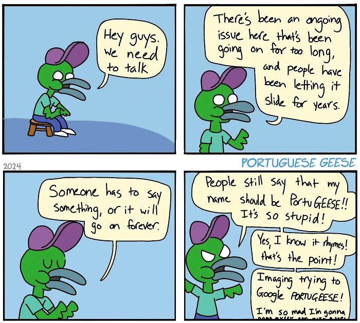 Comic strip by artist discussing the funny issue of Portuguese geese name confusion.