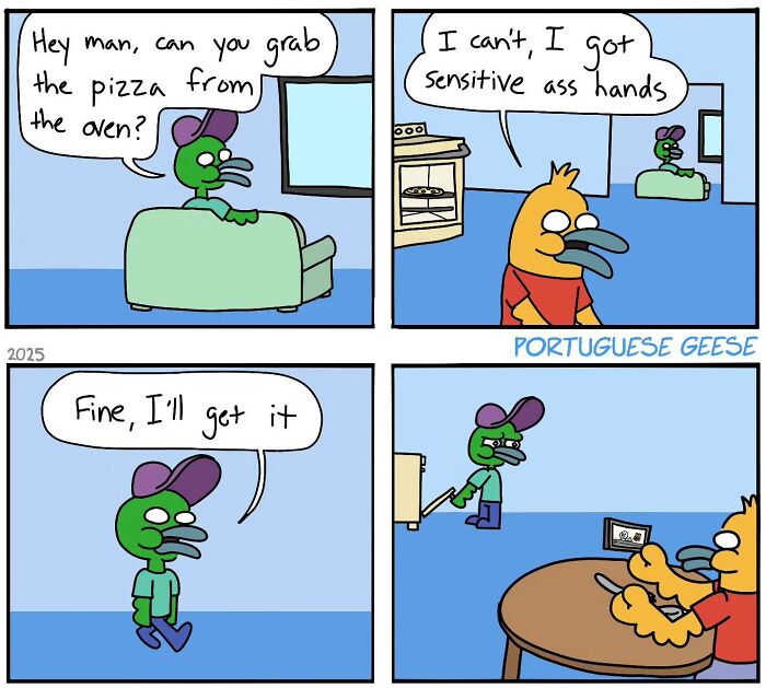 Cartoon of two birds discussing pizza, leading to a funny comic twist.